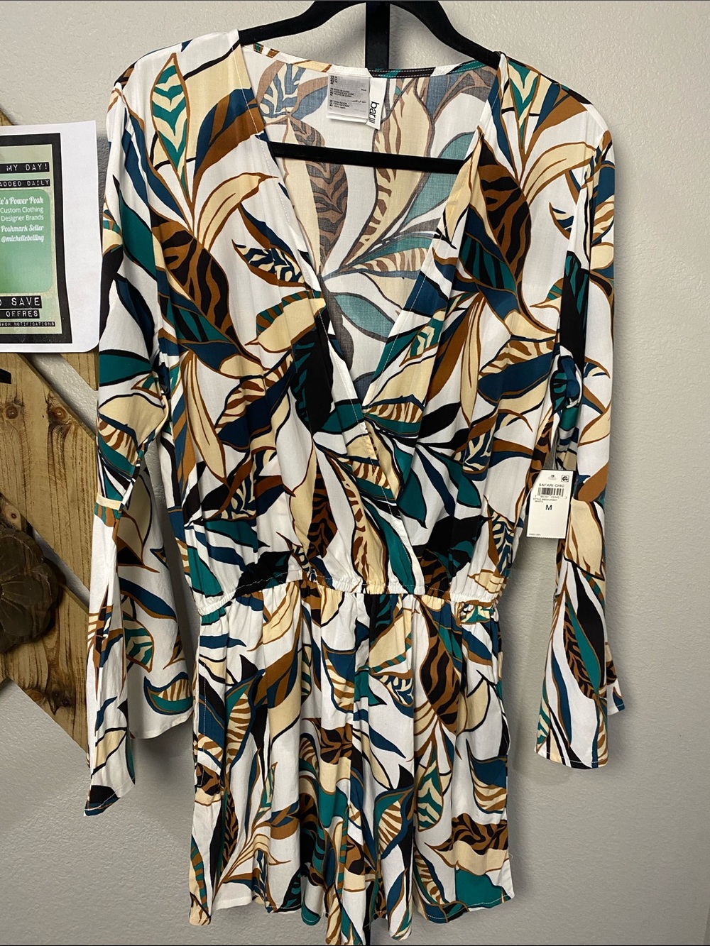 Barlll Tropical Leaf Print Surplice Romper in Teal & Camel With Pockets sz M